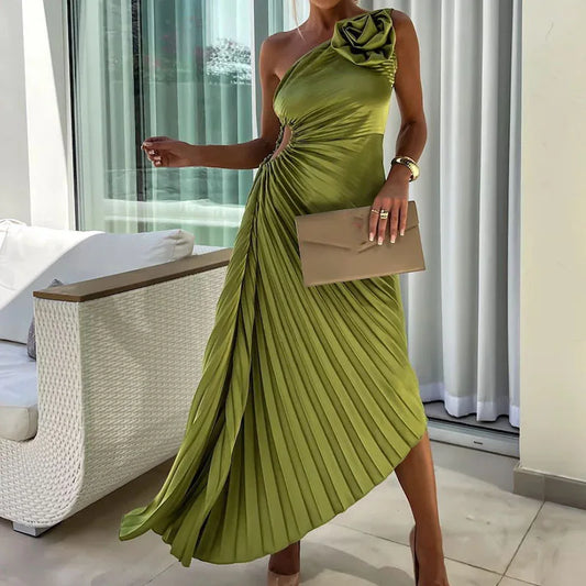 New Asymmetrical Hollow Sleeveless Long Dress Female Casual Off Shoulder Evening Dresses Fashion Floral Pleated Slim Party Dress - NJN NATURES
