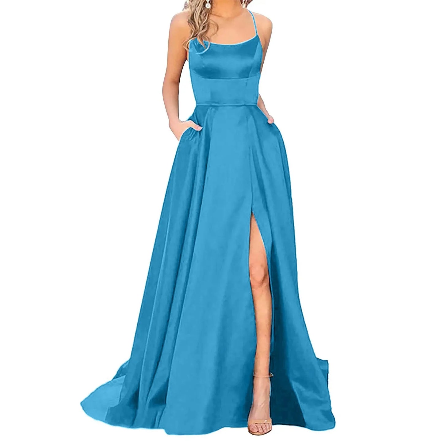 Elegant Hight Split Evening Maxi Dress Sexy Lace-Up Backless Long Dresses Navy Blue Sleeveless High Waist Party Dress - NJN NATURES