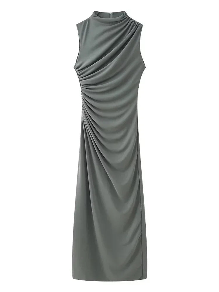 Tossy Pleated Long sleeved Slim Maxi Dress Women Solid Fashion Elegant Party Dress Gown Off-Shoulder High Waist Bodycon Dress - NJN NATURES