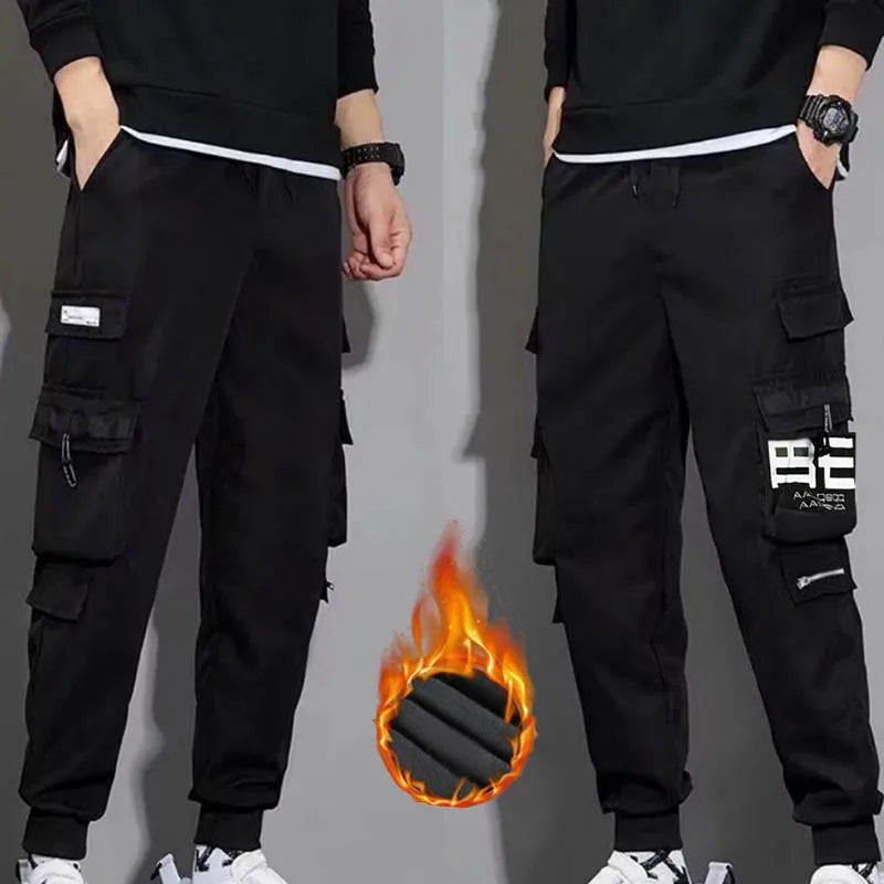 2024 new autumn and winter cashmere thick pants men's solid color loose drawstring fashion casual pants port style cargo pants - NJN NATURES