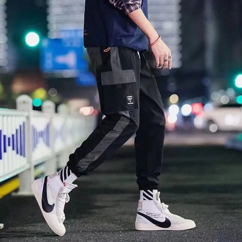 Men's Cargo Pants Casual Hip Hop Hit Color Multiple Pockets Trousers Streetwear Ribbons Techwear Sweatpants - NJN NATURES