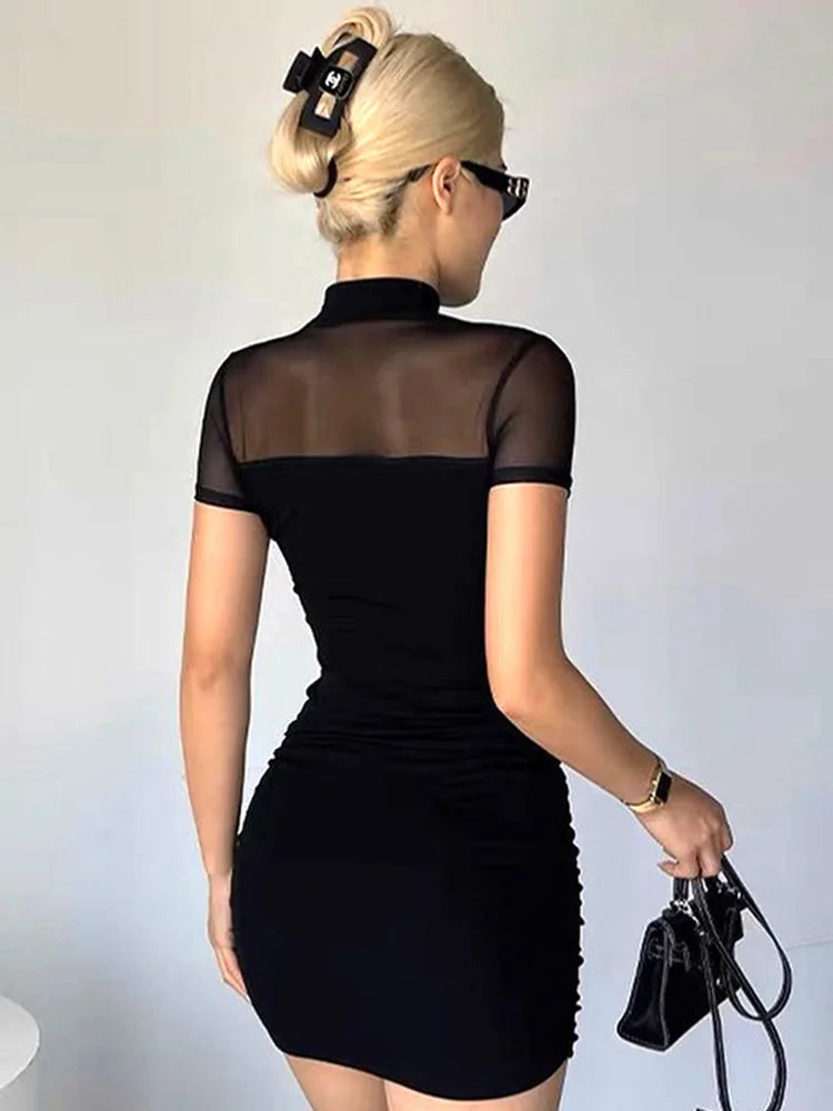 Goth Dark Mock Neck Y2k Bodycon Mini Dresses Gothic Women Mesh Patchwork Sheer Party Dress - NJN NATURES