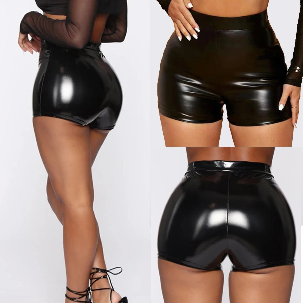 Women Wet Look Booty Shorts Patent Leather High Waist Mini Short Party Clubwear - NJN NATURES