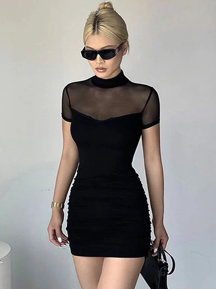 Goth Dark Mock Neck Y2k Bodycon Mini Dresses Gothic Women Mesh Patchwork Sheer Party Dress - NJN NATURES