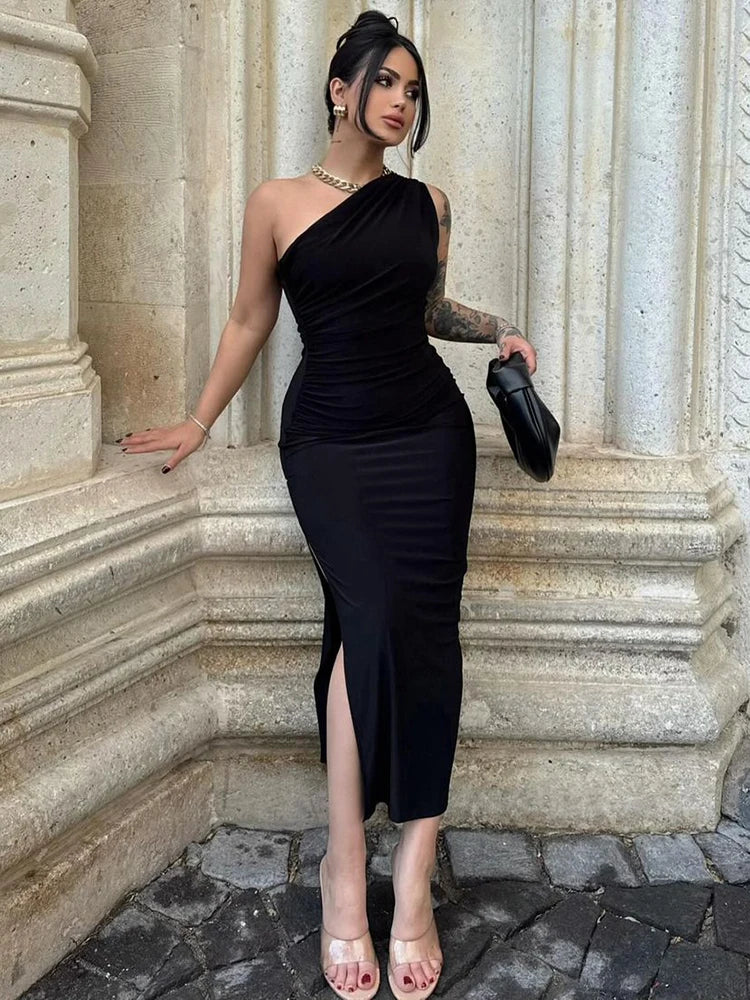 Maxi Dress Women Summer New Sexy Split Solid Sleeveless Backless Slim Dress Female Fashion Off Shoulder Club Elegant Party Dress - NJN NATURES