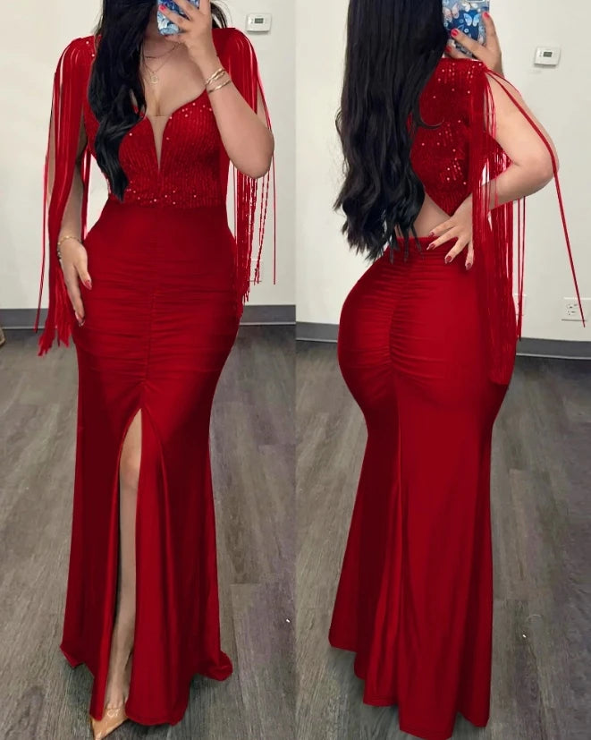 Woman Sexy High Waist Evening Dresses Fashion Women's Clothes Rhinestone Cold Shoulder Slit Ruched Elegant Party Dress for Women - NJN NATURES