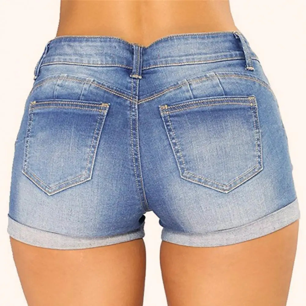 Denim Shorts Women Jeans Ripped Mid Waist Solid Color Soft Short Jeans Casual Slim Fit Shorts Summer - NJN NATURES