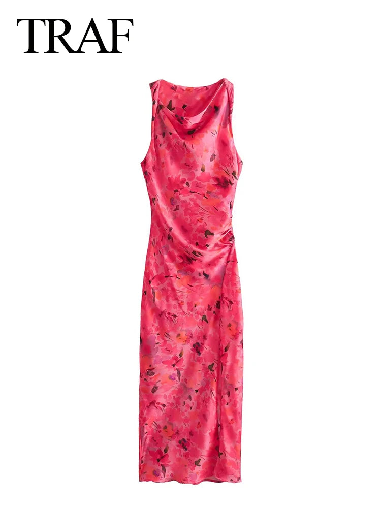 TRAF 2024 New Fashion Woman Vintage Sexy O-Neck Sleeveless Slit Hem Beach Party Dress Women Chic Print Ruffled Long Dress - NJN NATURES