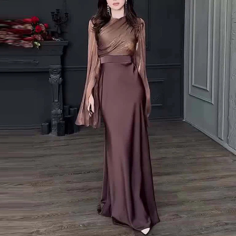 Women Fashion O-neck Hight Waist Long Dress Sexy Split Long Sleeve Solid Party Dress Elegant Mesh Patchwork Satin Evening Dress - NJN NATURES