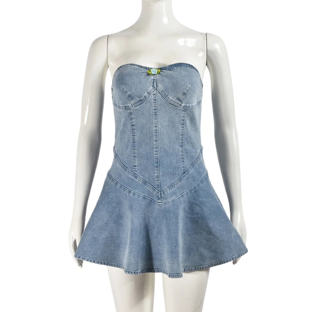 Women Stretch Denim Washed Wrap Backless Ruffle Dress Sexy Zipper Dress Elegant Blue Jeans Skater Party Dress for Female 2024 - NJN NATURES