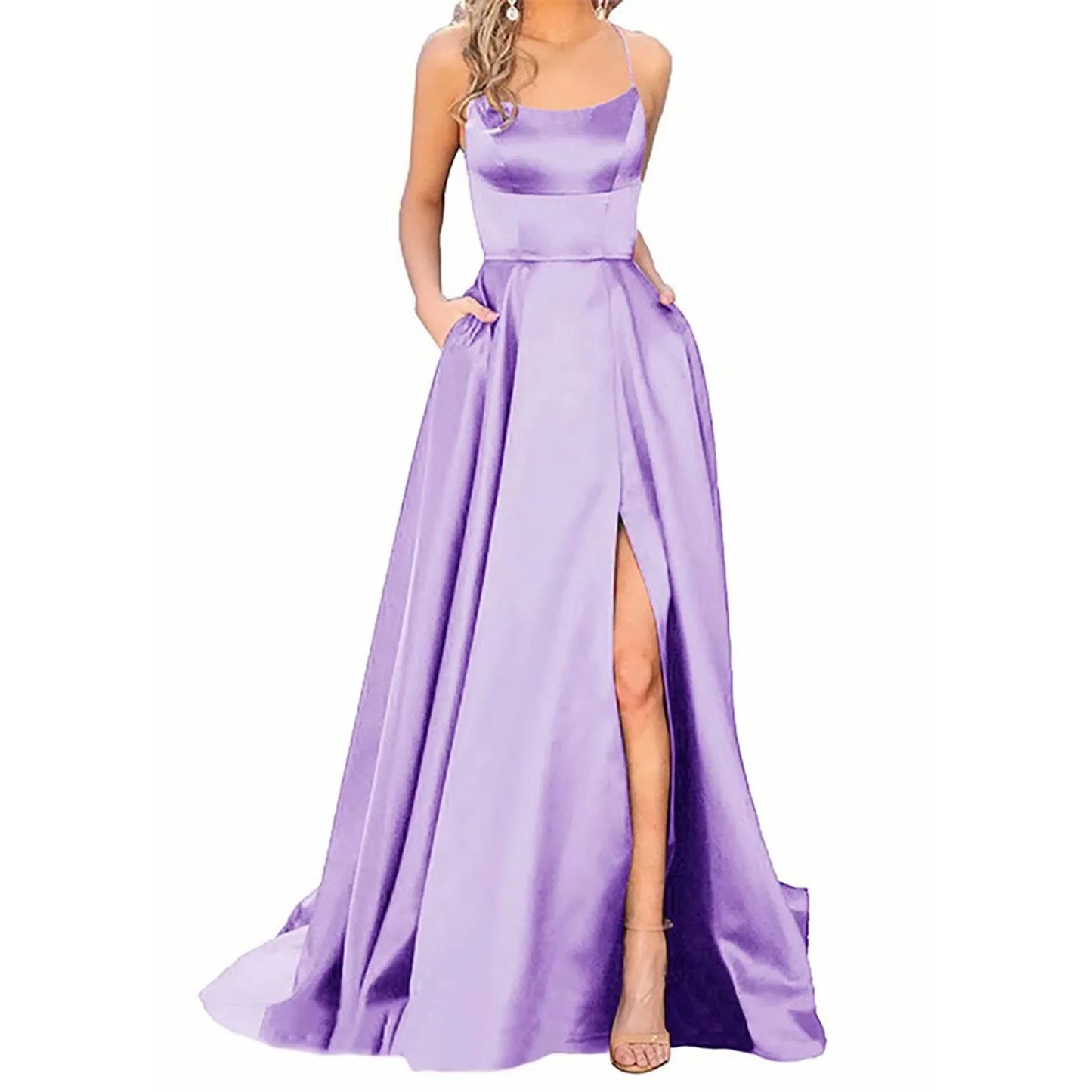 Elegant Hight Split Evening Maxi Dress Sexy Lace-Up Backless Long Dresses Navy Blue Sleeveless High Waist Party Dress - NJN NATURES