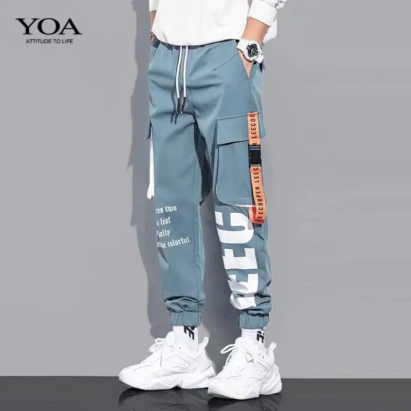 Men's Cargo Pants Casual Hip Hop Hit Color Multiple Pockets Trousers Streetwear Ribbons Techwear Sweatpants - NJN NATURES