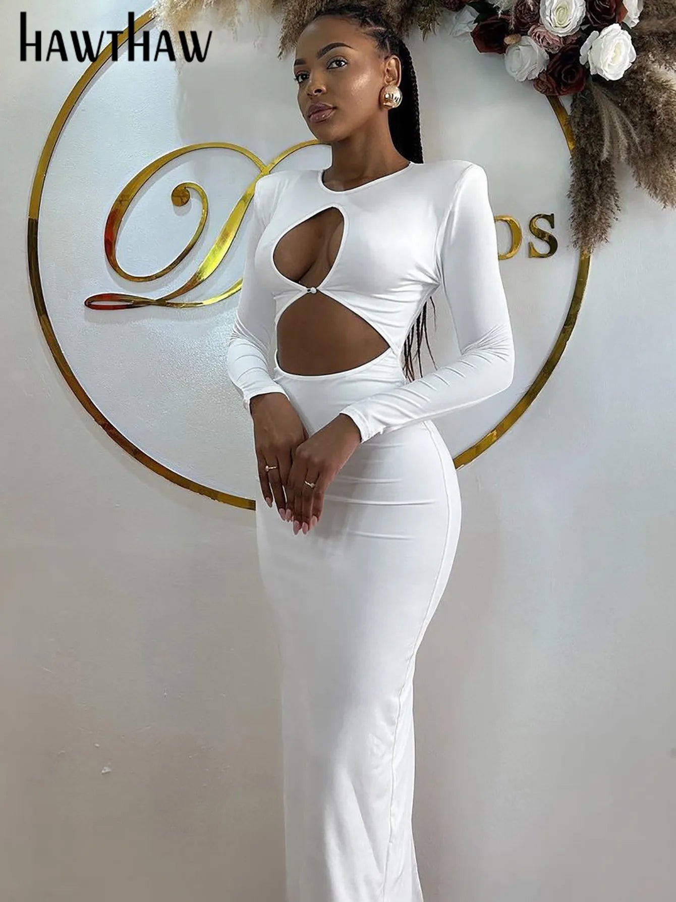 Hawthaw Women 2024 Spring Autumn Sexy Long Sleeve Party Club Hollow Out Bodycon White Long Dress Wholesale Items For Business - NJN NATURES