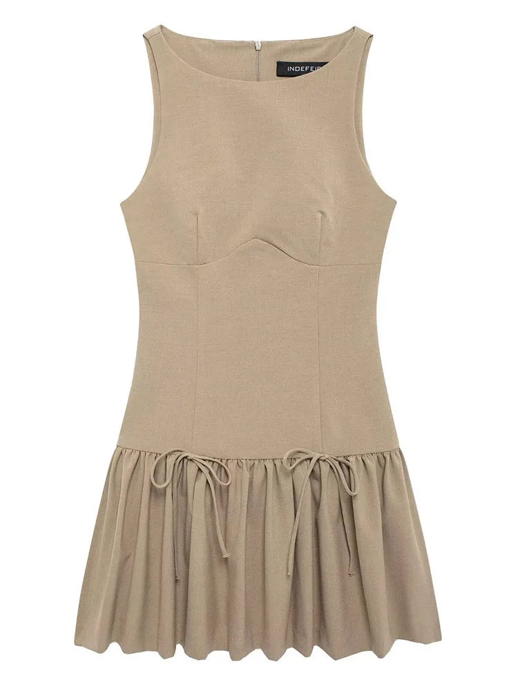 TRAF New Women Bow Pleated Dress 2024 Fashion Chic Sleeveless Casual Mini Dress Female Elegant Back Zipper Short Party Dress - NJN NATURES