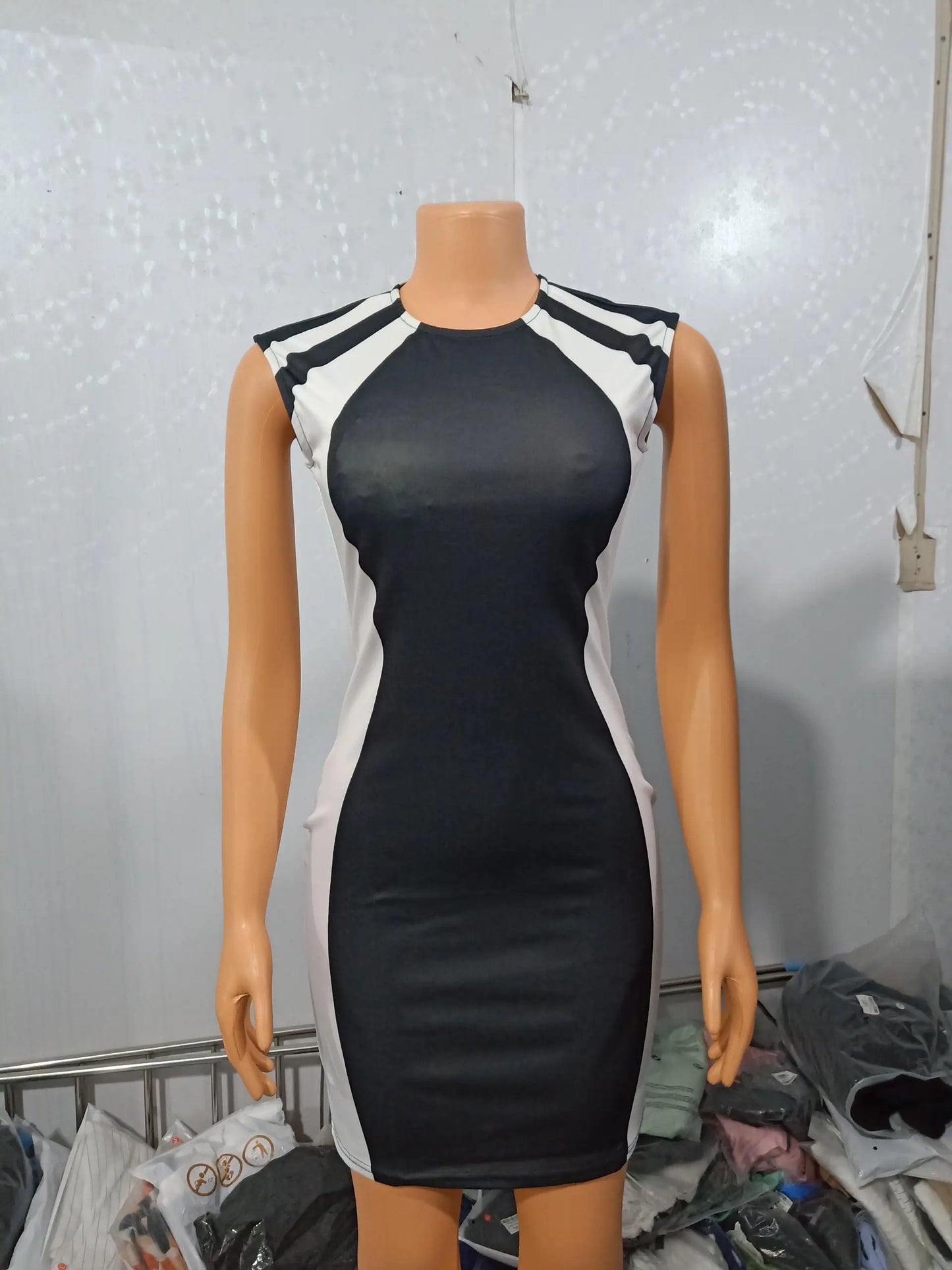 Women's Dress Color Block Round Neck Sleeveless Bodycon Mini Dress 2024 Spring Latest Elegant Zipper Skinny Daily Work Skirt - NJN NATURES
