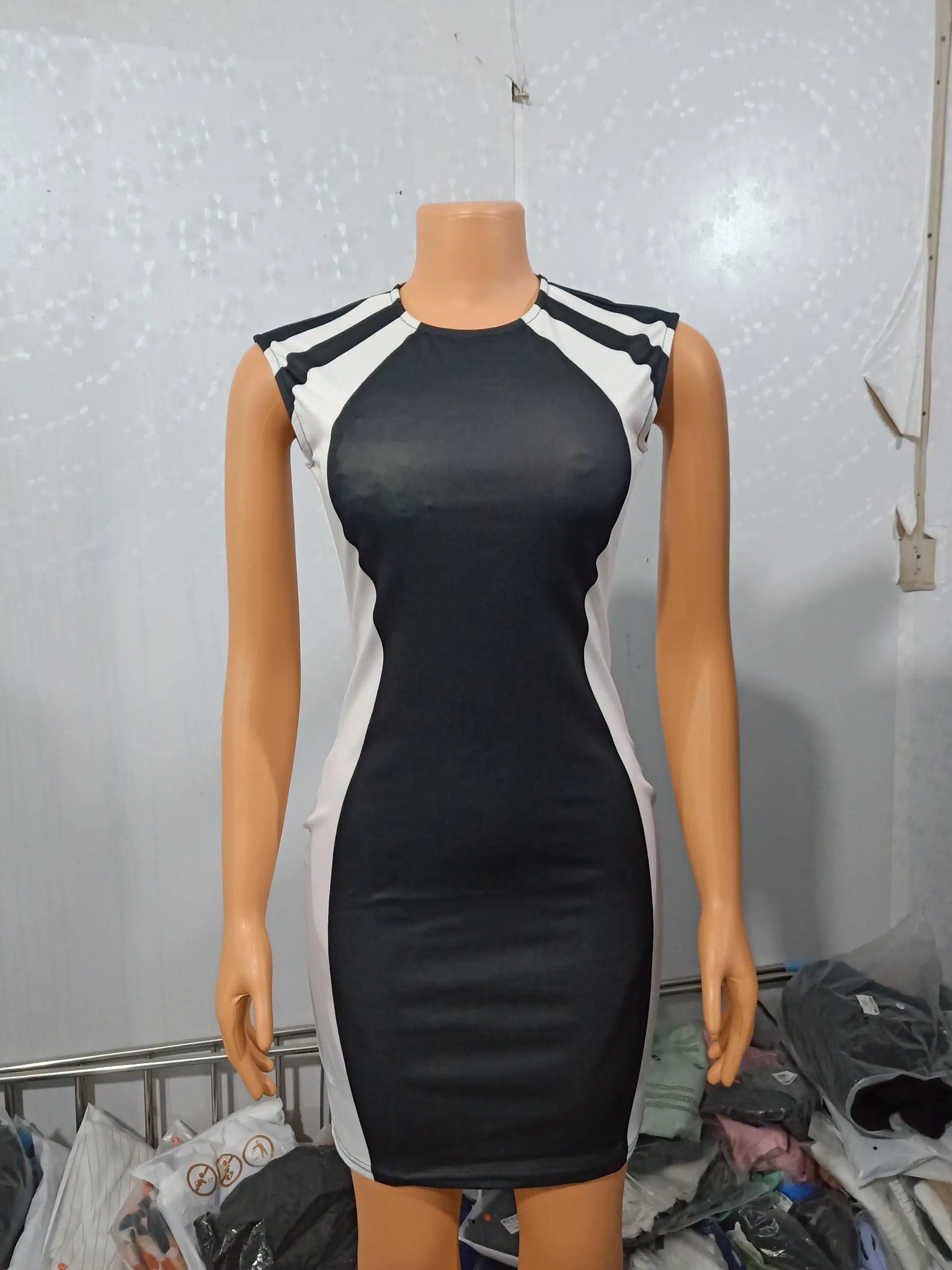 Women's Dress Color Block Round Neck Sleeveless Bodycon Mini Dress 2024 Spring Latest Elegant Zipper Skinny Daily Work Skirt - NJN NATURES