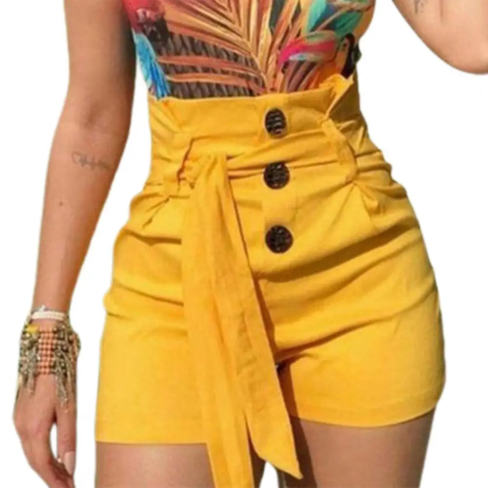 Summer Women Pants Pleated High Waist Tight Temperament Skinny Lady Shorts Solid Color Lace Up Zipper Placket Short Trousers - NJN NATURES