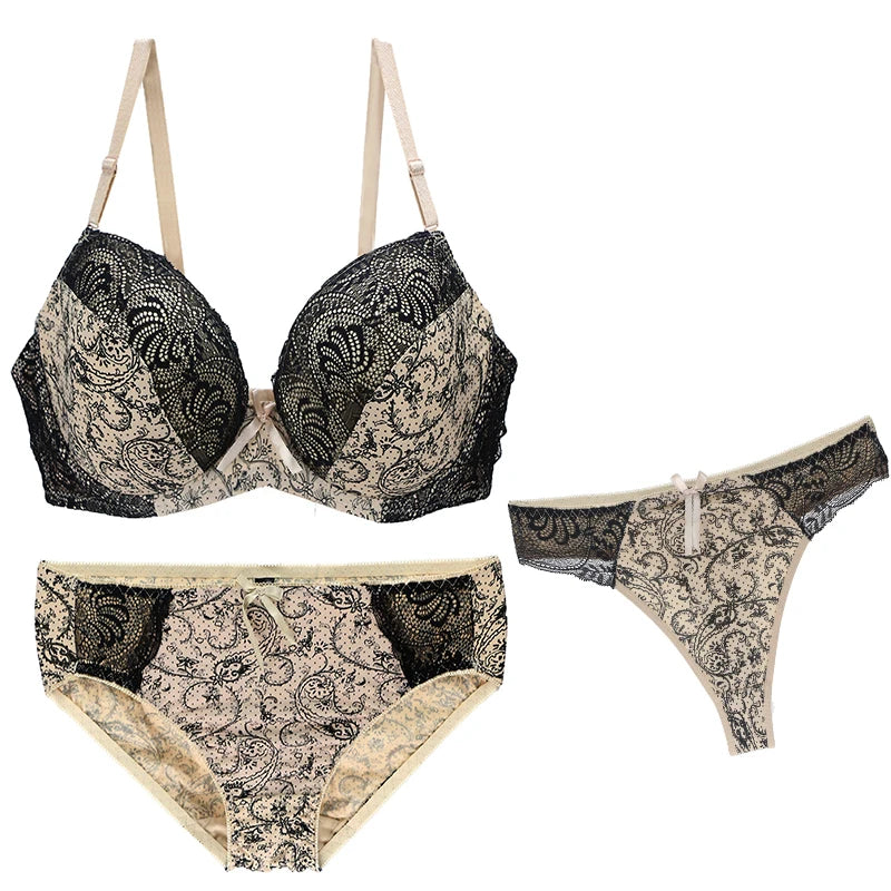 2024 New Sexy Push Up Bra Sets For Women 3 Piece Underwear Transparent BCDEF Cup Beige Black Blue Purple Red White Lingerie - NJN NATURES