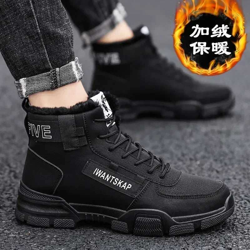 Ankle boots men snow boots winter warm Lace-up men shoes fashion flock plush winter boots men shoe plus size shoes black PU517 - NJN NATURES