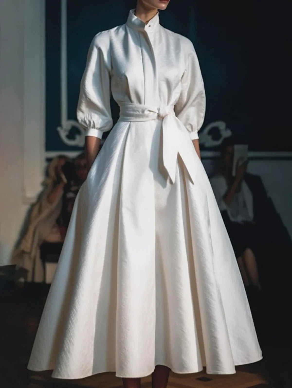 Elegant Women's Dress Casual Solid Color Stand Collar Shirt Mid-Length Waisted Evening Party Dress Women's Long Dress 2024 - NJN NATURES