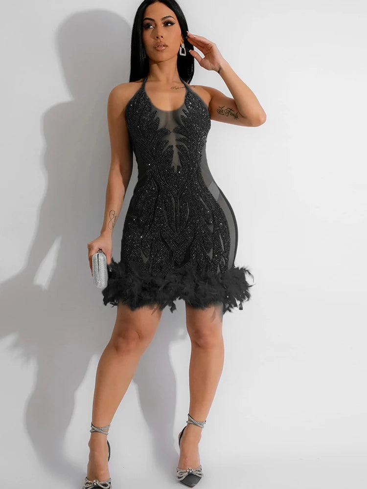 Beyprern Beautiful Mesh Sequin Feather Glam Dress Luxury Woman Party Dress Glitter Sleeveless Night Out Dresses Birthday Outfits - NJN NATURES