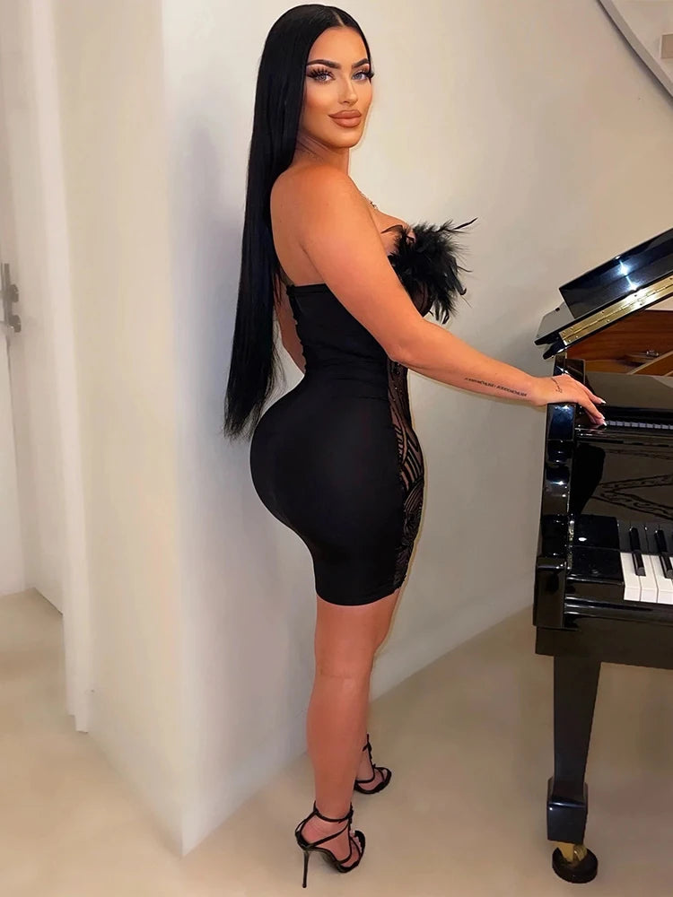 iDress Black Sexy Sequin Party Dress for Women Elegant Glitter Feather Short Dress Sheer Mesh Strapless Bodycon Mini Club Dress - NJN NATURES