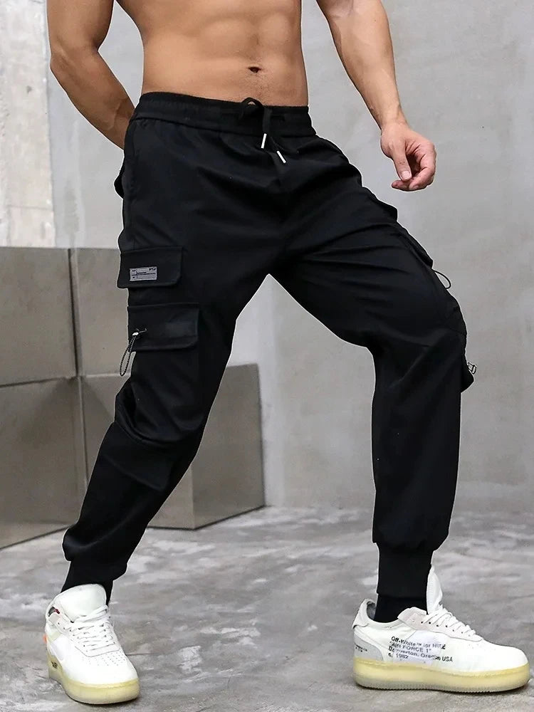 Men's Cargo Pants Casual Hip Hop Hit Color Multiple Pockets Trousers Streetwear Ribbons Techwear Sweatpants - NJN NATURES