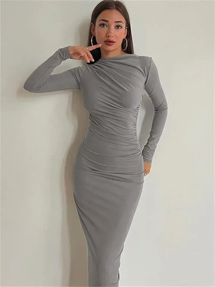 Tossy Pleated Long sleeved Slim Maxi Dress Women Solid Fashion Elegant Party Dress Gown Off-Shoulder High Waist Bodycon Dress - NJN NATURES