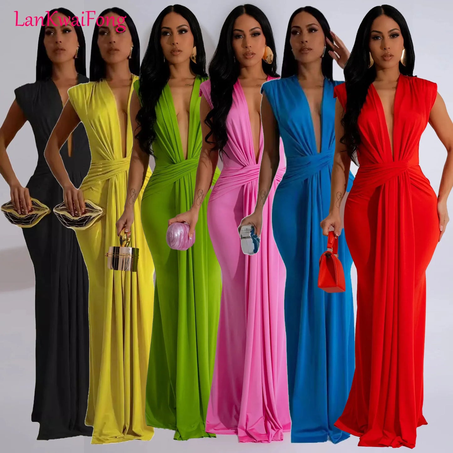 LKF Fashionable Party Dress Sleeveless Deep V Waist Sexy Solid Color Stretch Elegant MIDI Long Evening Dress - NJN NATURES