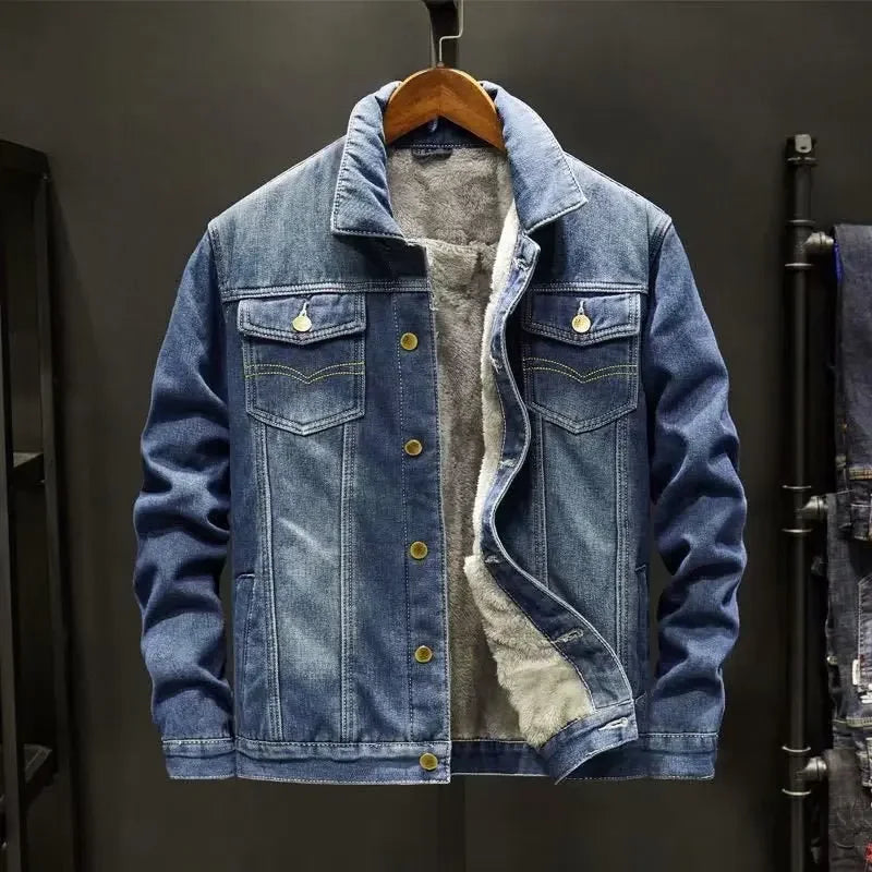 Thickened Fleece-lined Denim Jacket Men's Loose Fit Warm Work Clothes Trendy Korean Style Versatile Casual Wear - NJN NATURES
