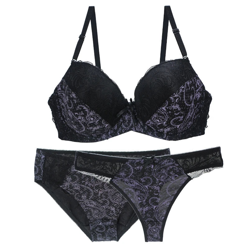 2024 New Sexy Push Up Bra Sets For Women 3 Piece Underwear Transparent BCDEF Cup Beige Black Blue Purple Red White Lingerie - NJN NATURES