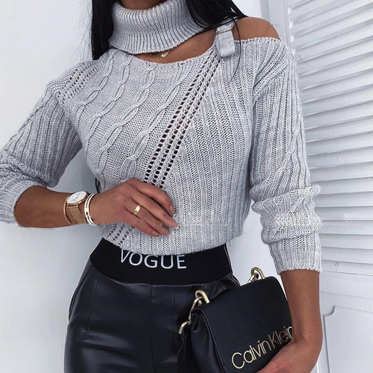 Halter Off-the-shoulder Metal Decorative Irregular Long Sleeve Sweater - NJN NATURES