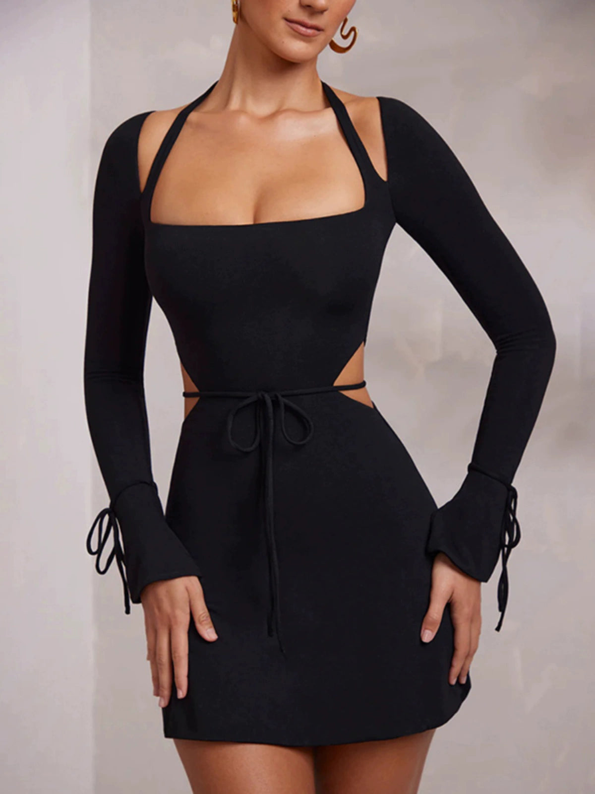Ahagaga Fashion Style Sexy Lace Hollow-out Midriff Tight Skirt Big Neckline Halterneck Long-Sleeved Dress Women - NJN NATURES