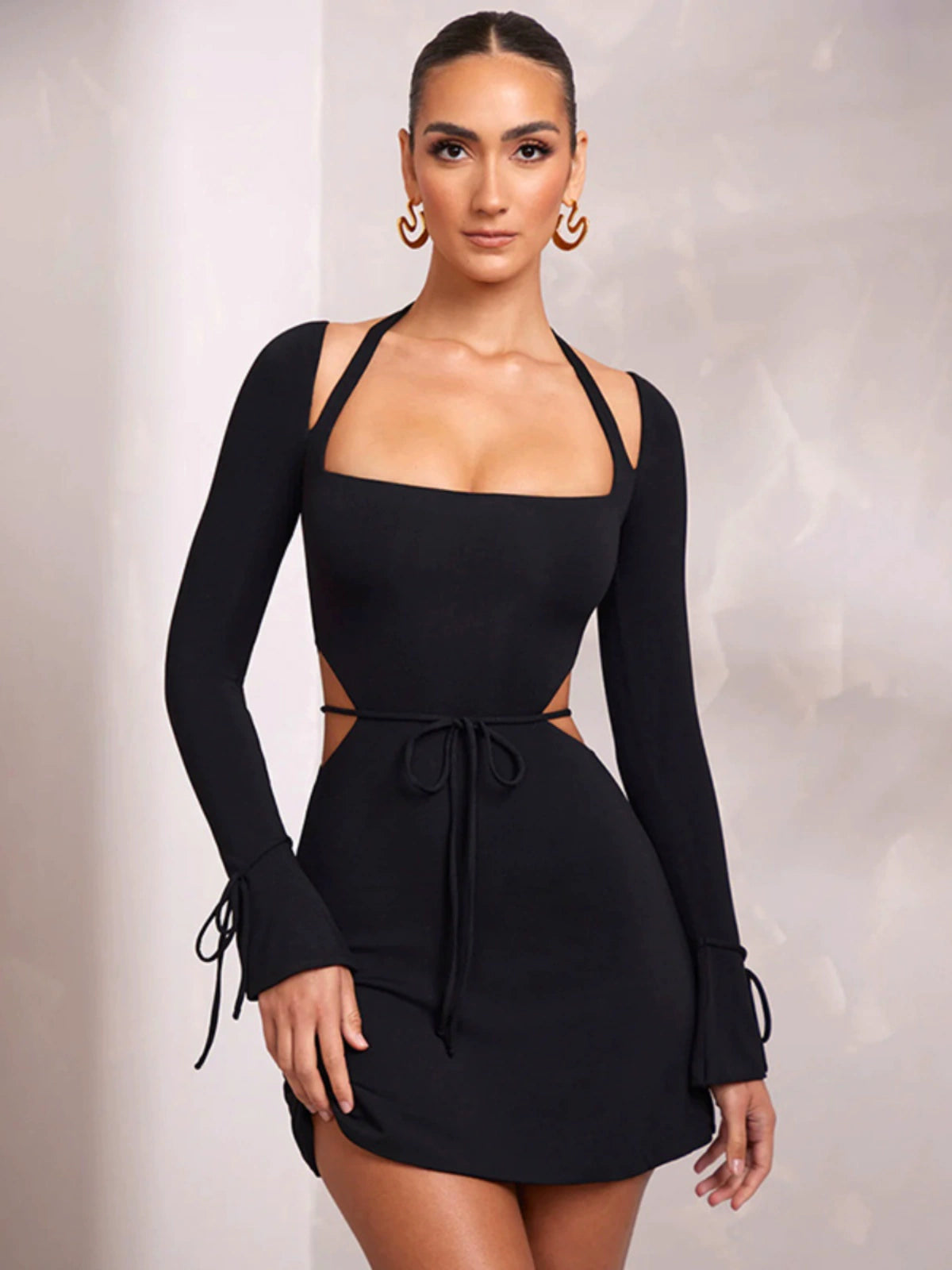 Ahagaga Fashion Style Sexy Lace Hollow-out Midriff Tight Skirt Big Neckline Halterneck Long-Sleeved Dress Women - NJN NATURES