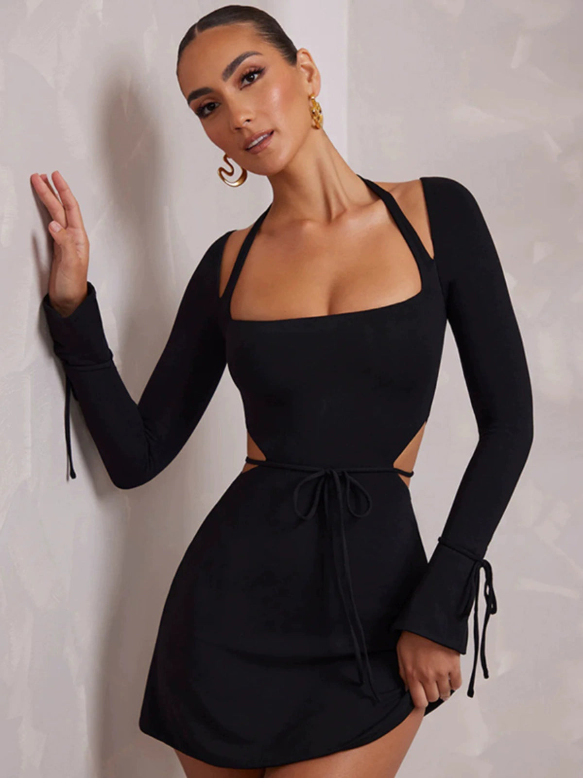 Ahagaga Fashion Style Sexy Lace Hollow-out Midriff Tight Skirt Big Neckline Halterneck Long-Sleeved Dress Women - NJN NATURES