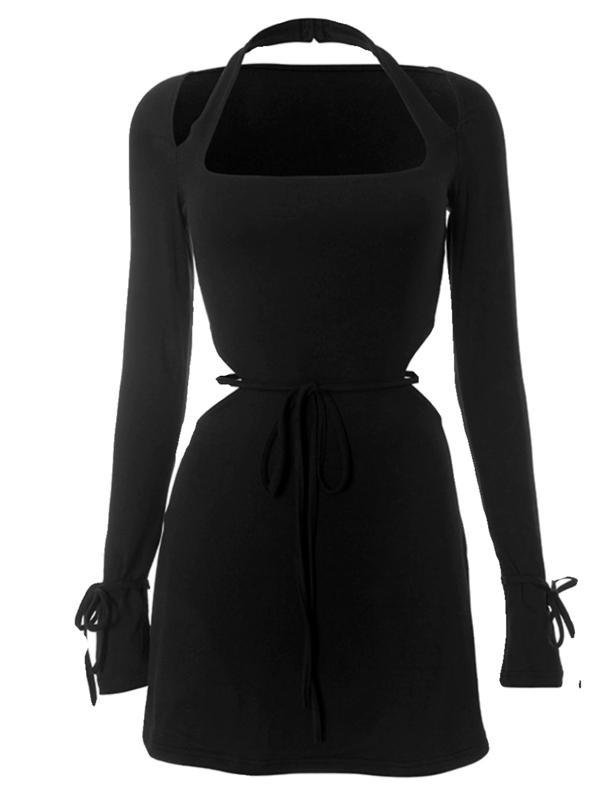 Ahagaga Fashion Style Sexy Lace Hollow-out Midriff Tight Skirt Big Neckline Halterneck Long-Sleeved Dress Women - NJN NATURES