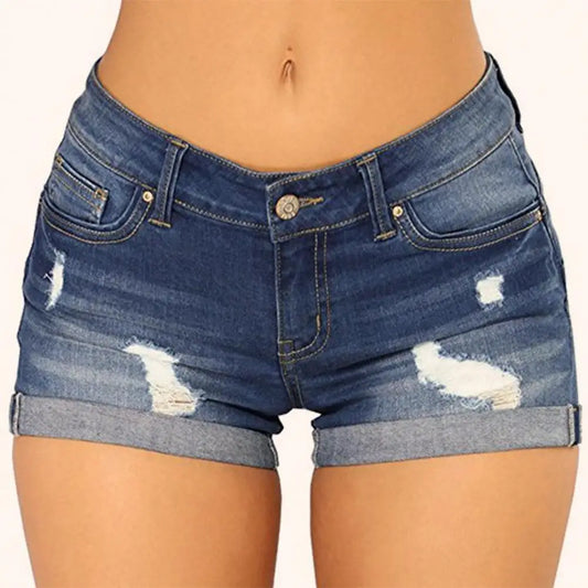 Denim Shorts Women Jeans Ripped Mid Waist Solid Color Soft Short Jeans Casual Slim Fit Shorts Summer - NJN NATURES
